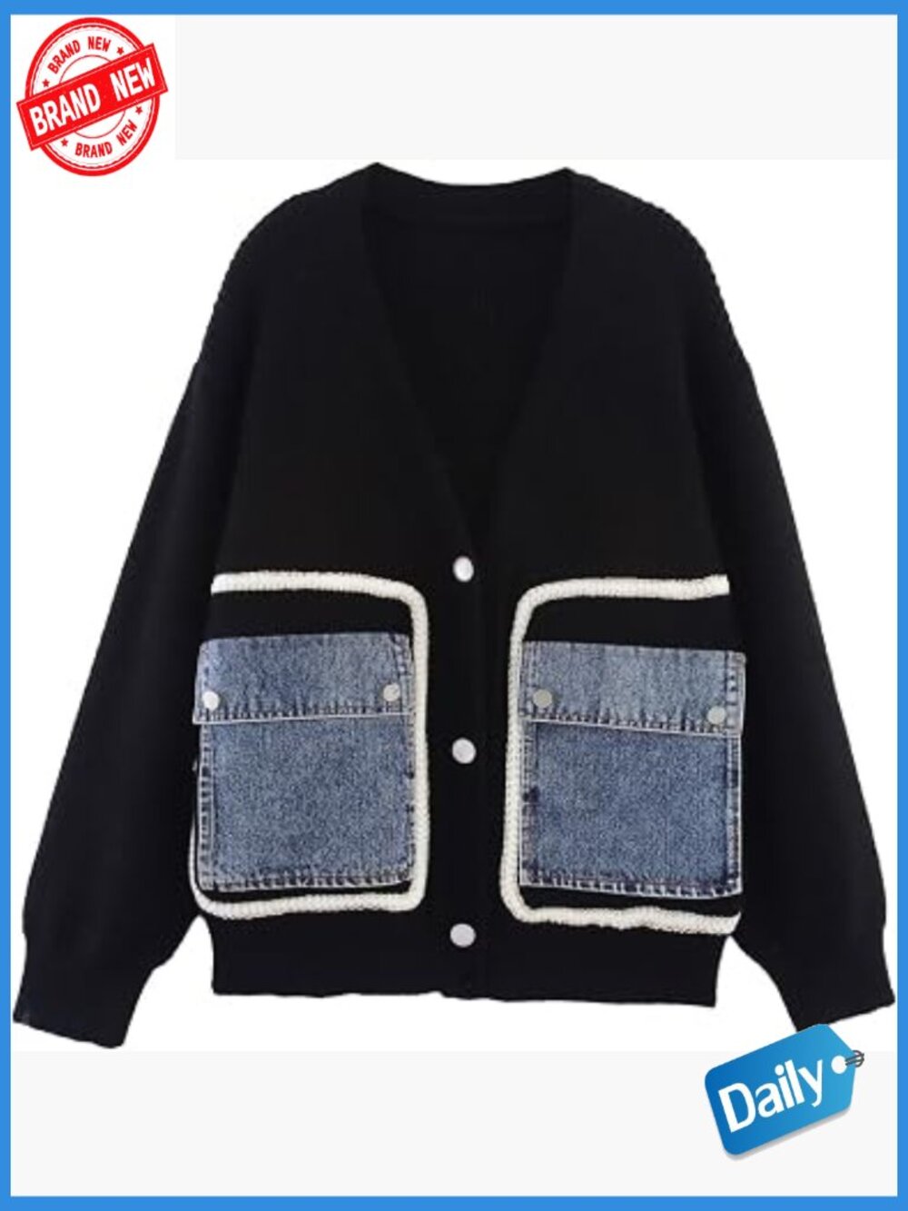 V-Neck Button Down Denim Patchwork Cardigan Sweater Jacket